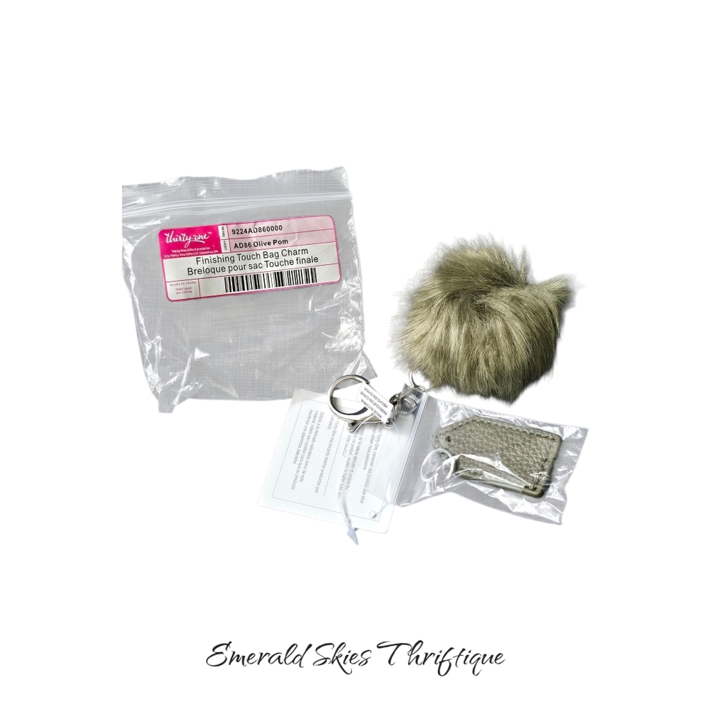 Thirty-One  31 Finishing Touch Bag Charm Olive green Pom free Shipping
